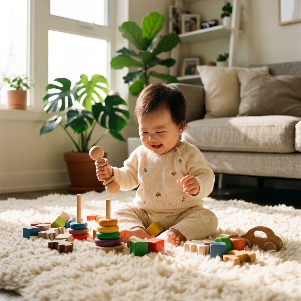 Baby playing with wooden toys