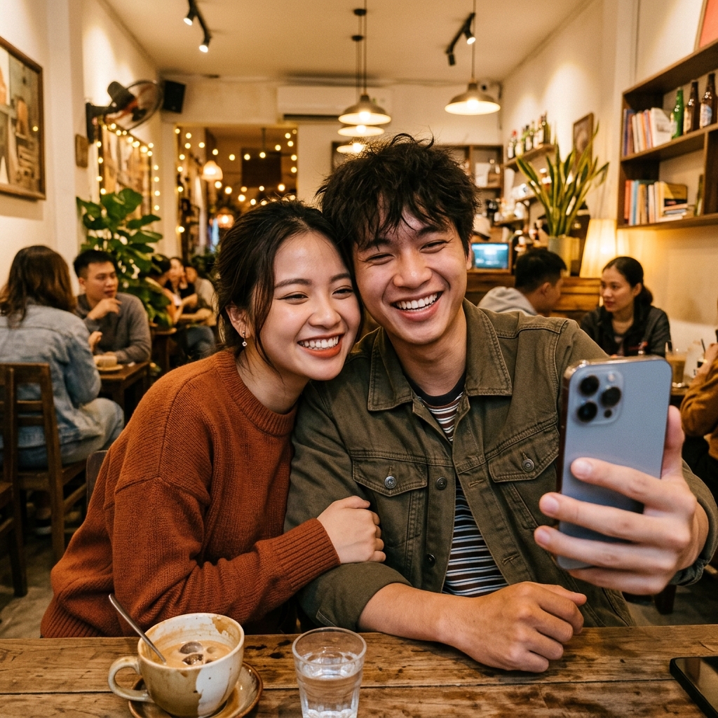 Couple selfie in coffee shop