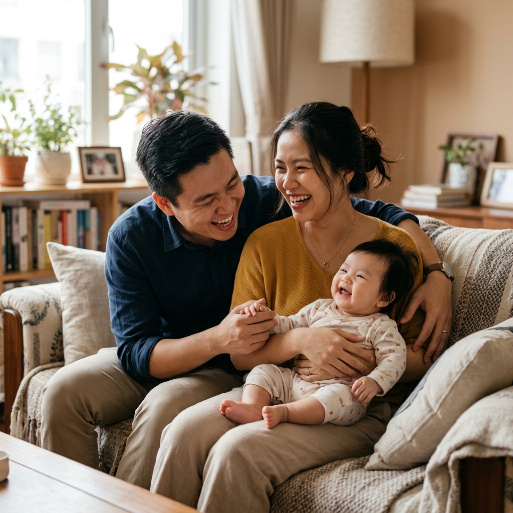 Family laughing on sofa