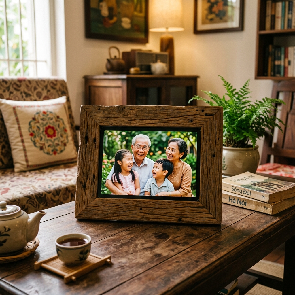 Family photo on digital frame in living room